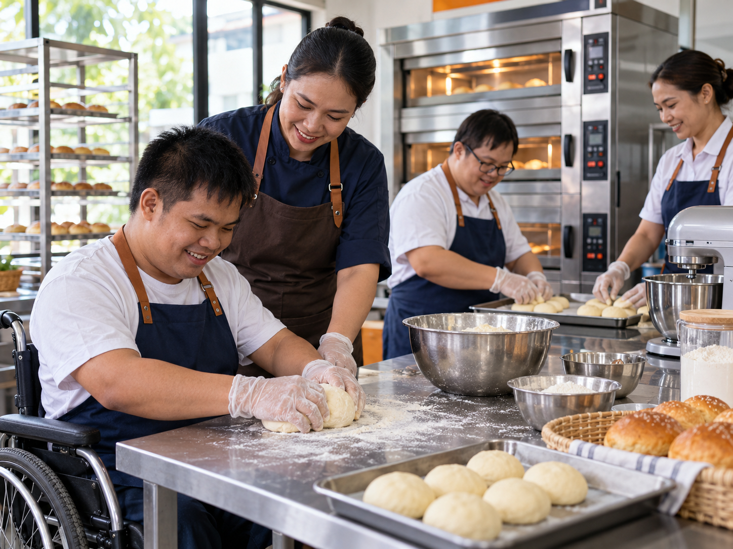 คนพิการฝึกงานทำเบเกอรี่ในห้องปฏิบัติการอาหาร